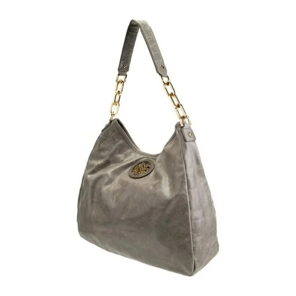 Tory Burch Grey & Metallic Leather Snap Shoulder Bag – Gold Hardware – Preowned
